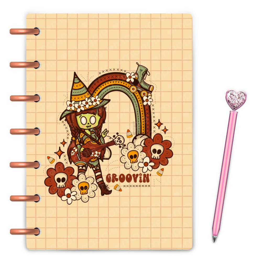 Groovy zombae muted autumn colored rainbow and skull daisy laninated discbound planner cover