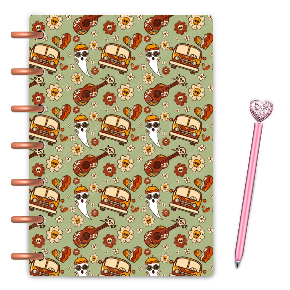 groovy ghosts and ukeleles with vintage VW busses on a set of laminated planner covers