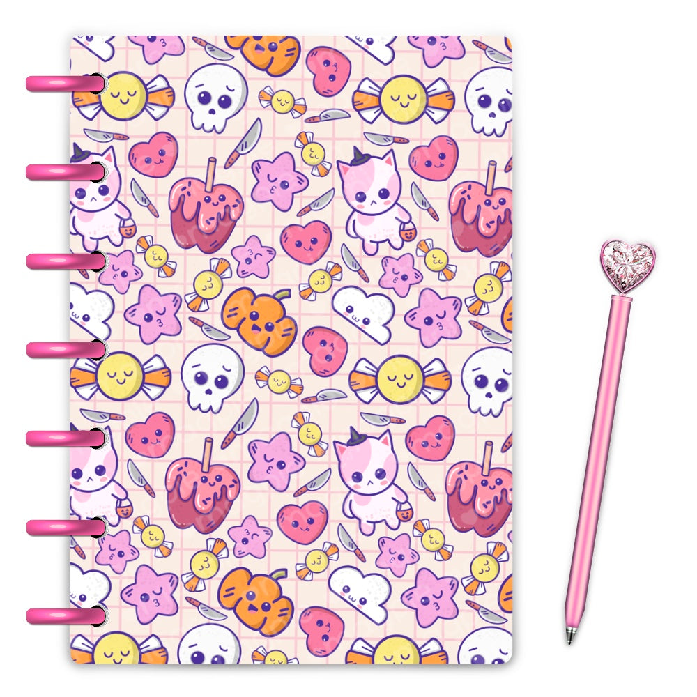 Kawaii halloween doodles on pale pink marinated planner cover background by magpiesoul