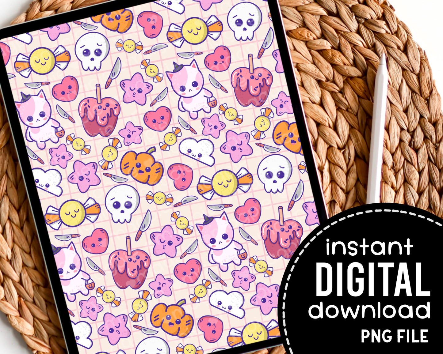 Kawaii Halloween Witch Cat Digital Pattern Paper