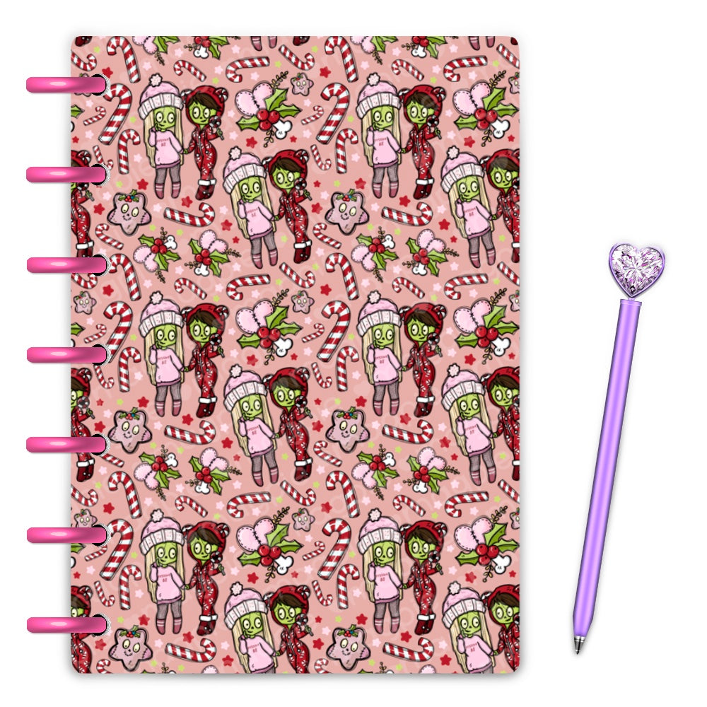 cute zombie christmas laminated discbound planner cover with zombae and peppermints 