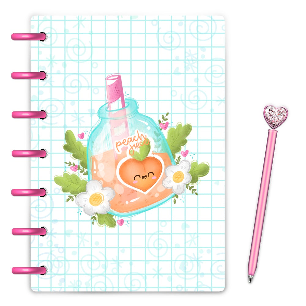 Kawaii peach juice jar with daisies and grid background on white planner laminated covers magpiesoul