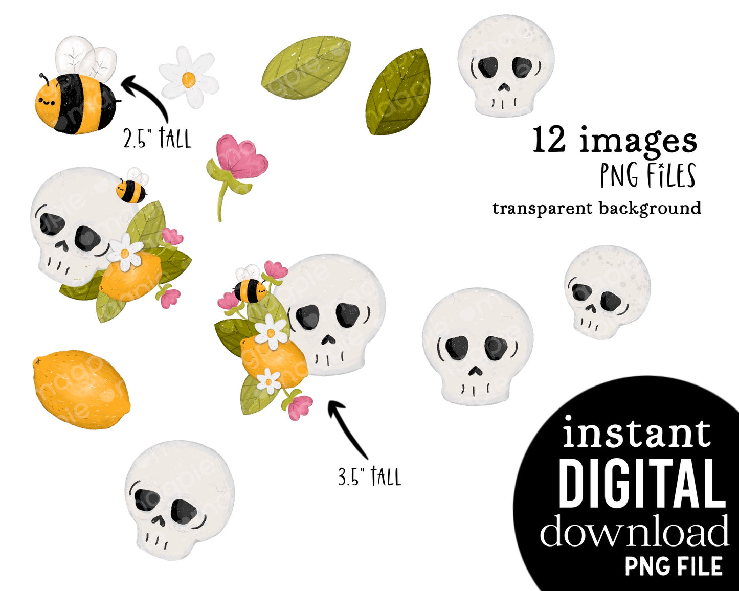 Lemon Skull Cute Flower Clipart Bundle