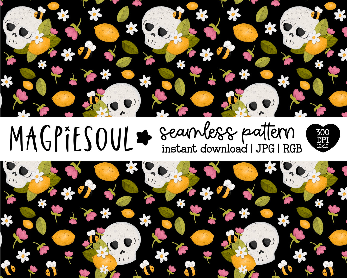 Lemon Skull Floral Seamless Pattern