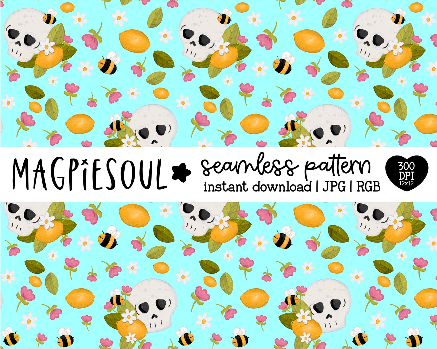 Lemon Skull Floral Seamless Pattern