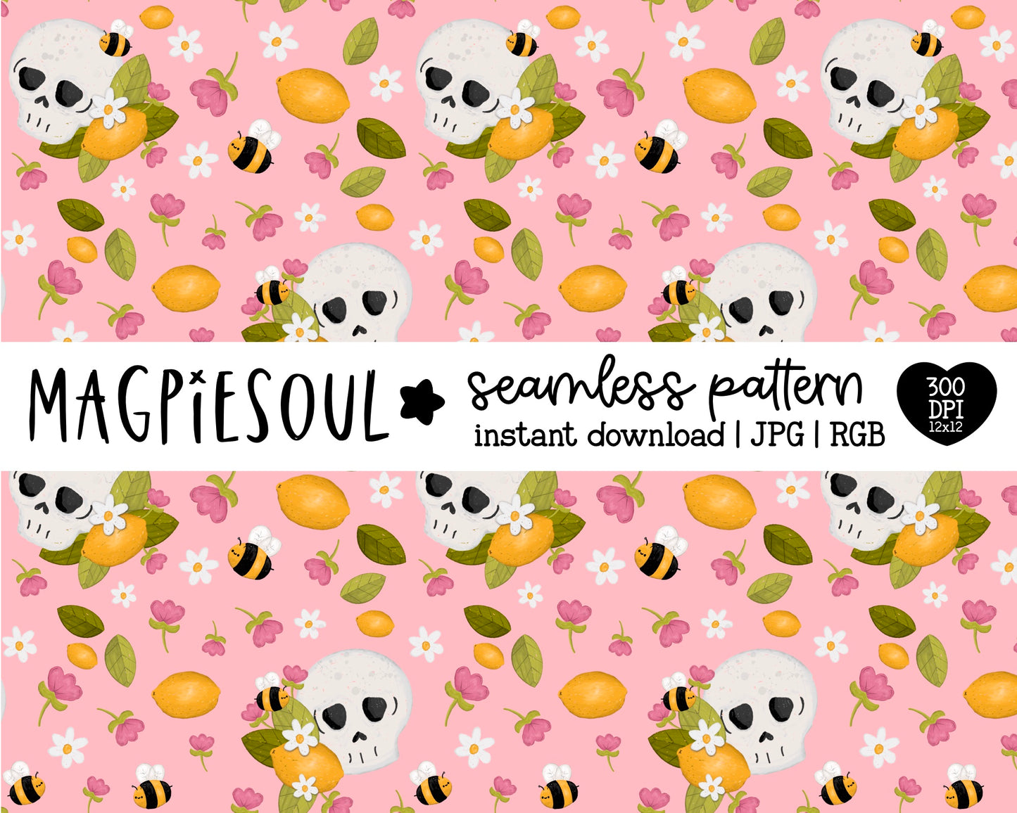 Lemon Skull Floral Seamless Pattern