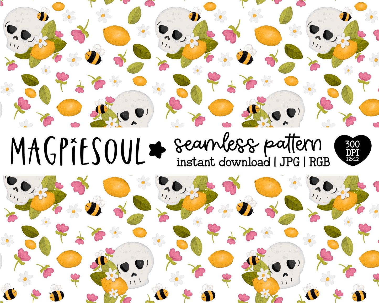 Lemon Skull Floral Seamless Pattern