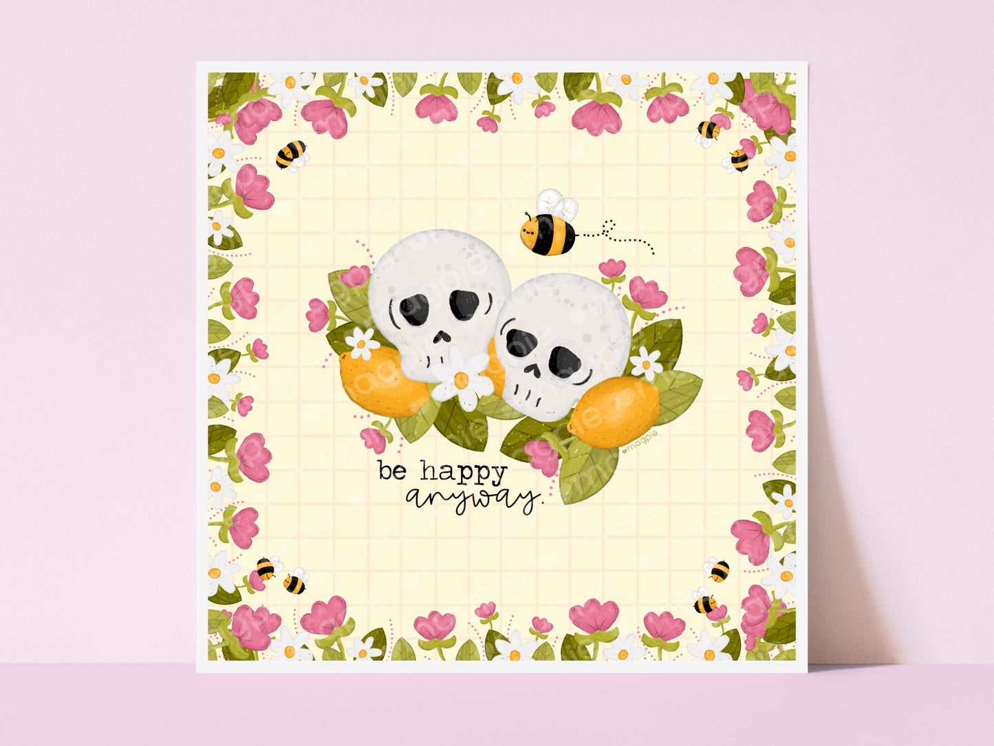 Be Happy Skull Bee Flower Art Print