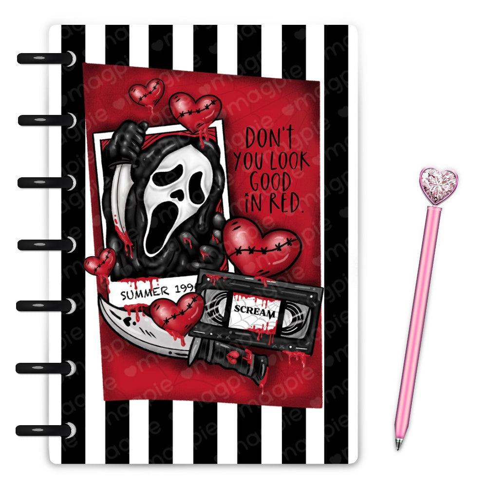 Horror slasher movie killer cartoon drawing on striped laminated discbound planner cover