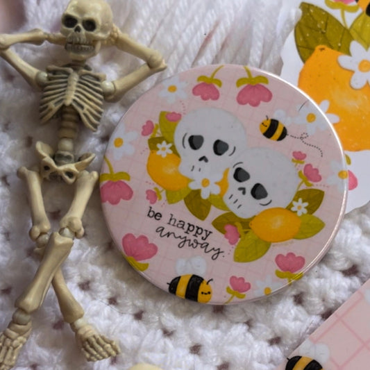 Cute Skull Lemon Bee Floral Pin-Back Button
