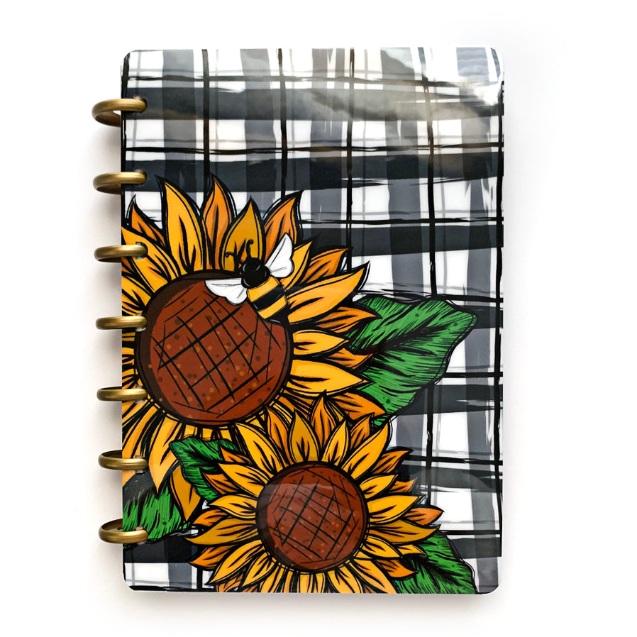 Plaid autumn sunflower with bee laminated planner cover by magpiesoul