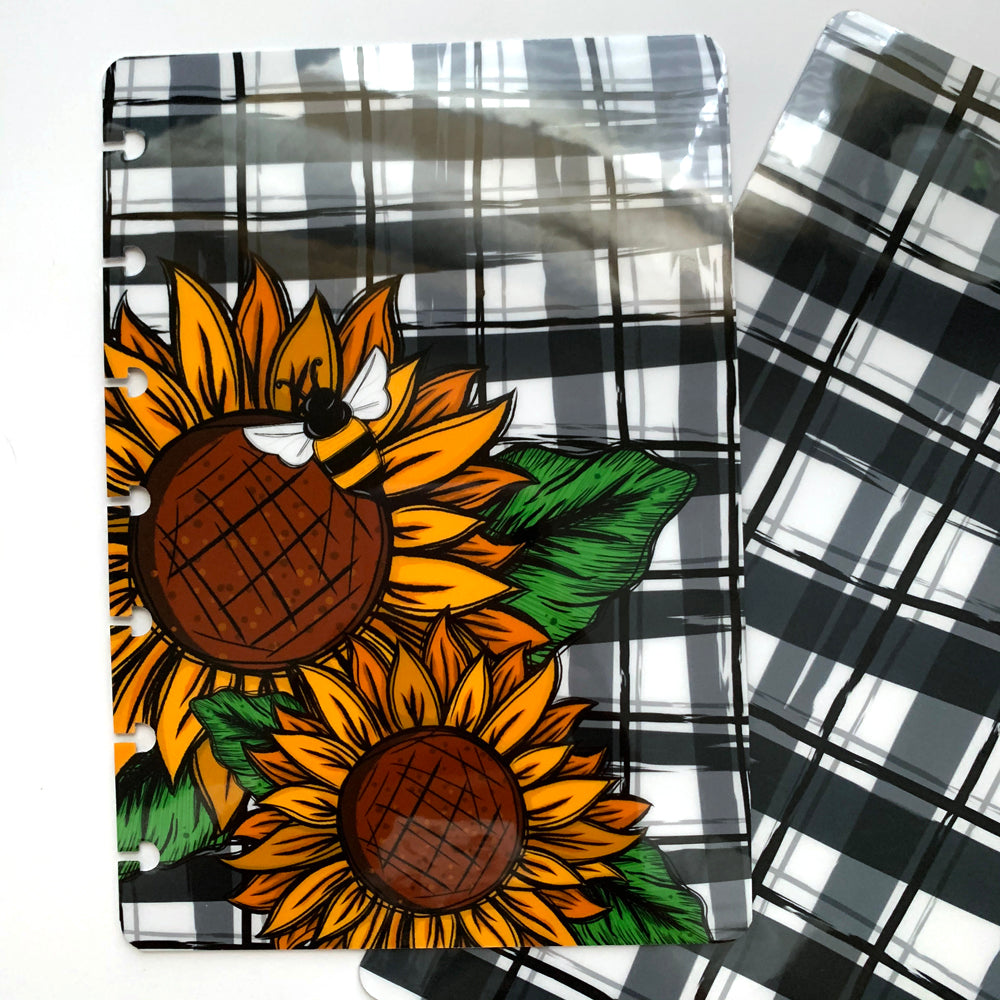 Sunflower Bee Farmhouse Plaid Laminated Planner Cover