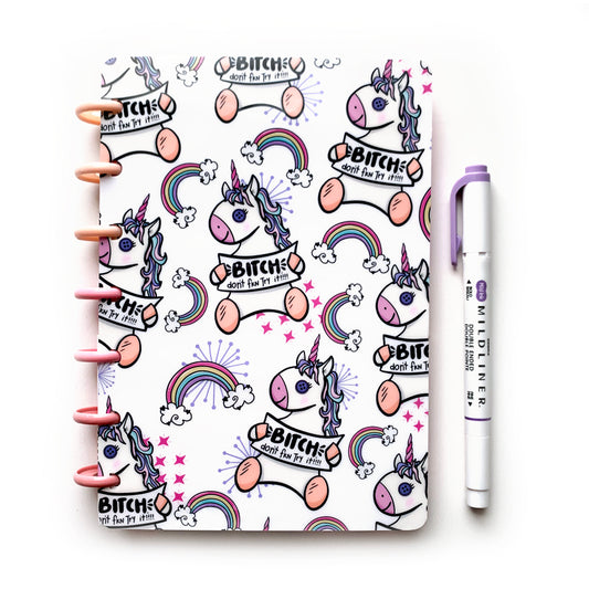 Sassy unicorn with pastel rainbows discbound planner cover made by magpiesoul