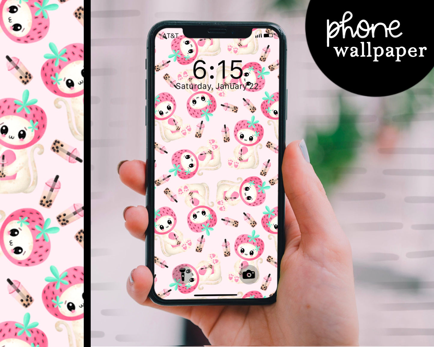 Berry Cat Phone Wallpaper  - Instant Download - Kawaii Wallpaper