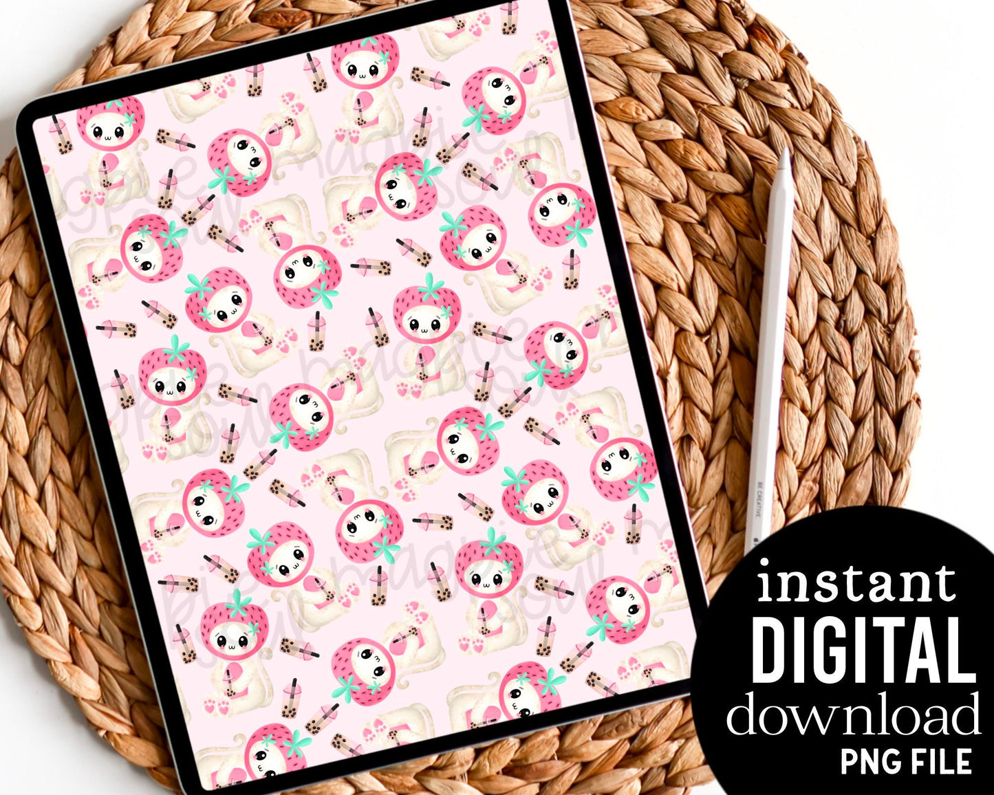 Kawaii Boba Tea Berry Cat - Digital Pattern Paper