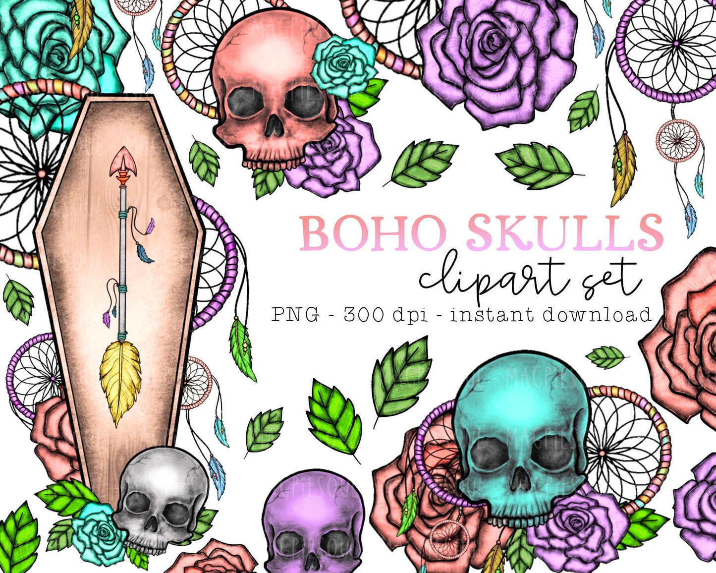 Boho Skulls Clipart Bundle