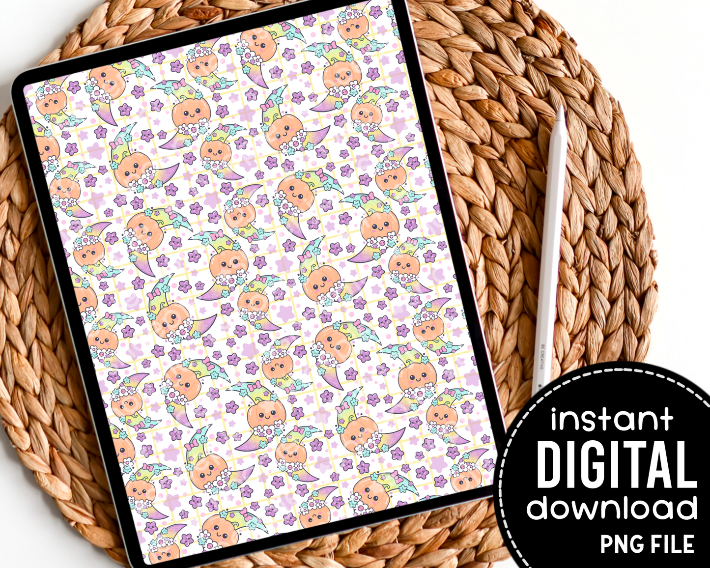Kawaii Pastel Pumpkin Moon Halloween - Digital Pattern Paper