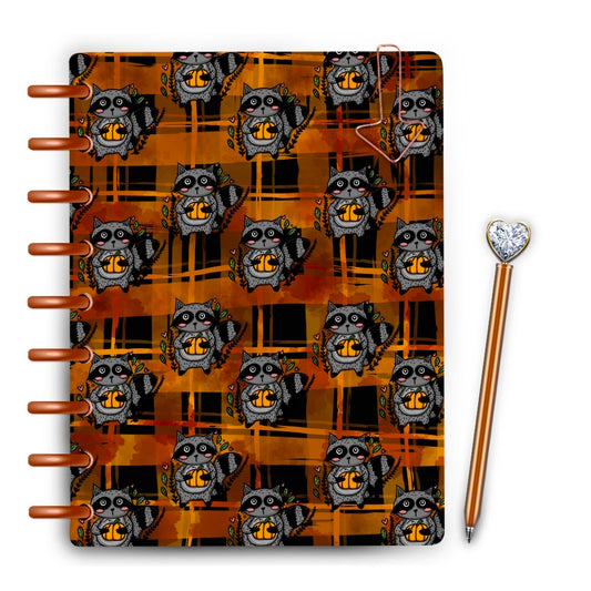 Black and orange plaid Discbound laminated planner cover with cute raccoons and pumpkins  by MagpieSoul 