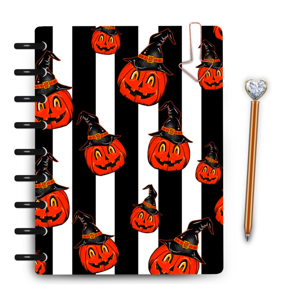Vintage Halloween pumpkin jack o lantern on stripes laminated planner cover by magpiesoul 