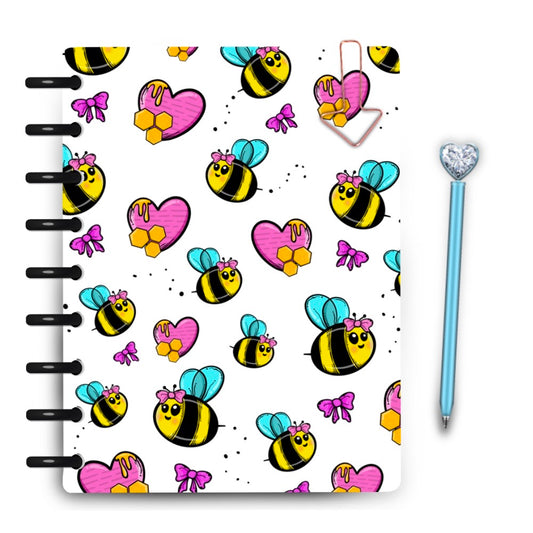 Kawaii Bee Laminated planner cover with pink hearts and white background
