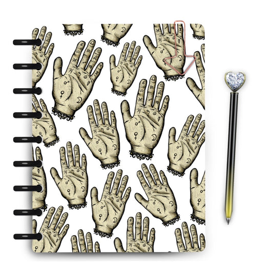 Vintage palmistry hand drawings tiled on a white background laminated planner cover
