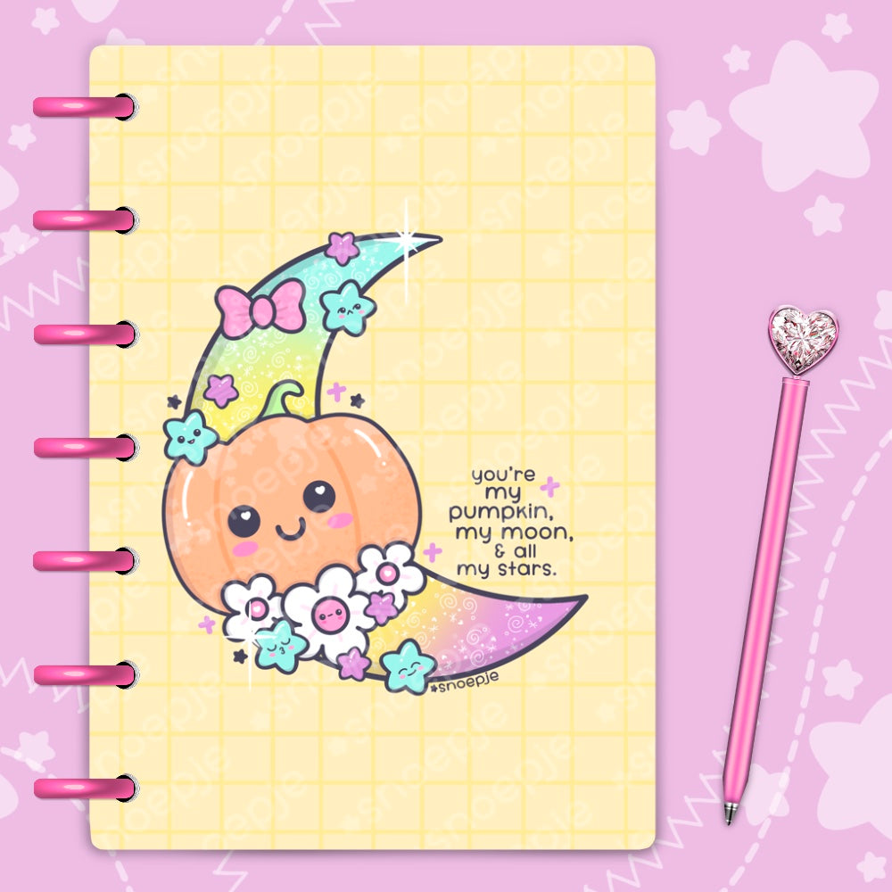 Super cute pastel kawaii pumpkin on ombré moon laminated planner cover with pale yellow background