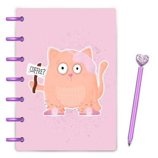 cute chunky cat who looks sleepy and holds a coffee sign laminated discbound planner cover