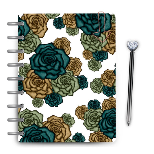 Rose cluster boho inspired planner cover with greens browns and teal