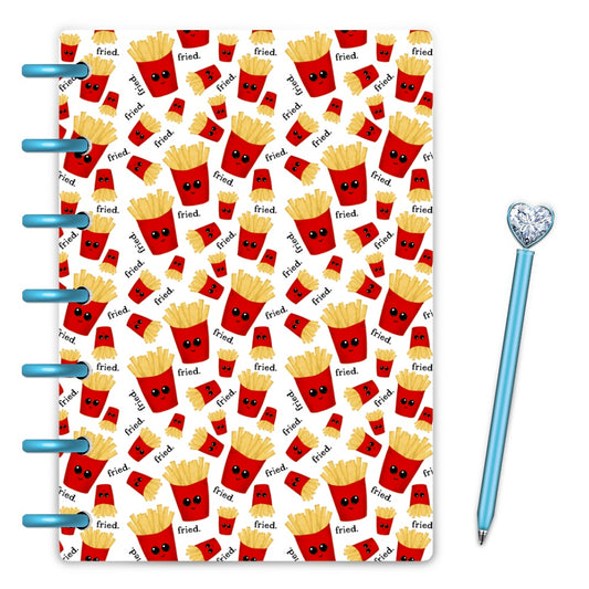 Kawaii drawing of smiling fry containers with French fries on laminated planner cover