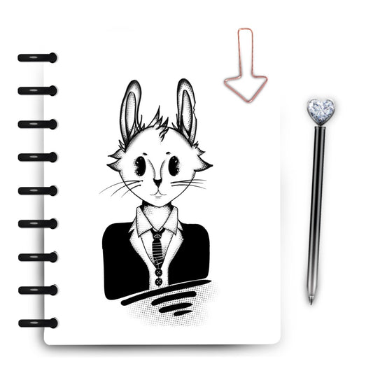 Bunny in a suit drawing in black and white on a laminated planner cover set by magpiesoul