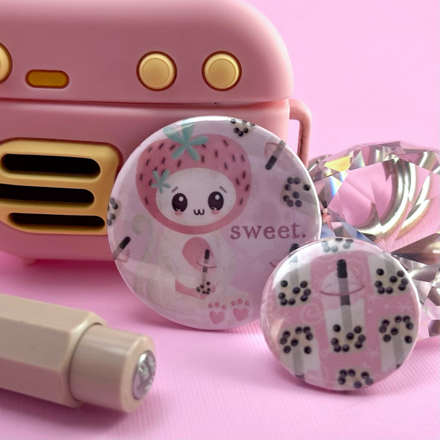 Berry Cat Boba Tea Pin-Back Button Set