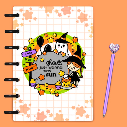 Kawaii witch girl with a ghost and cakes. Vibrant colors on laminated planner cover 