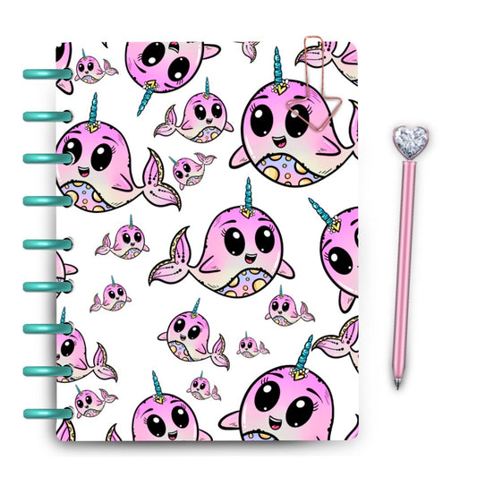 Discbound planner cover with ombré narwhal kawaii doodles on it