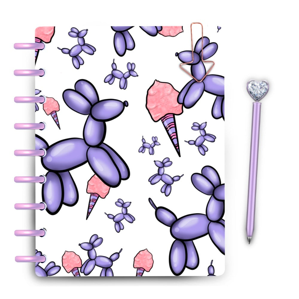 purple balloon dogs and pink cotton candy laminated discbound planner cover with diamond ink pen and lavender discs