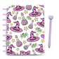 Pastel halloween witch hats, spiders & potion bottles on a white planner discbound cover