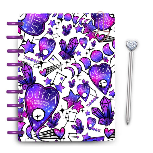 Galaxy colored Ouija planchettes and stars with constellations and crystal clusters laminated planner covers
