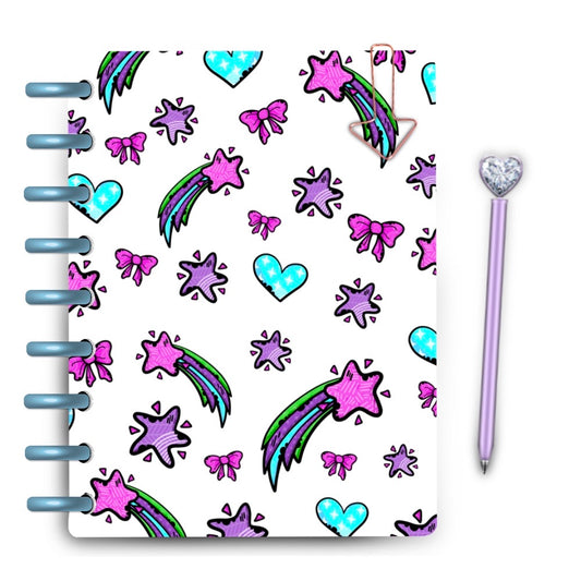 Purple and pink shooting stars with blue hearts and pink bows cosmic lamiomnated planner cover