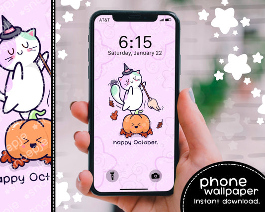 Kawaii Halloween Witch Cat iPhone Wallpaper