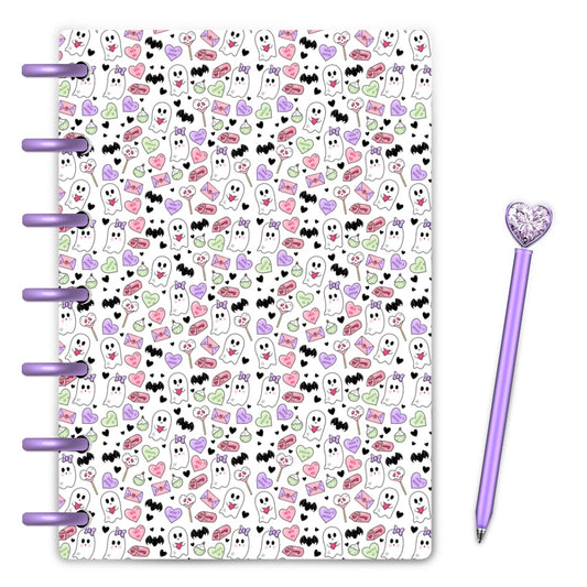 Valloween valentines and halloween doodles sprinkled on a white background laminated discbound planner cover by magpiesoul