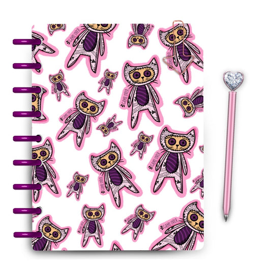 cute pink and purple, button eyed gamer kitty laminated planner cover