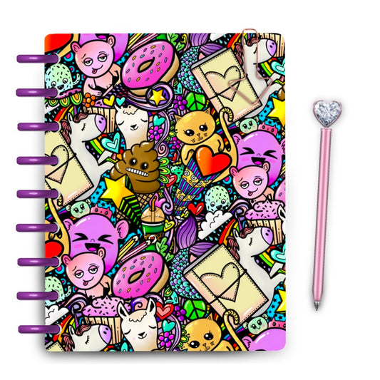 Doodle buddies kawaii vibrant drawing on laminated cover for discbound planners