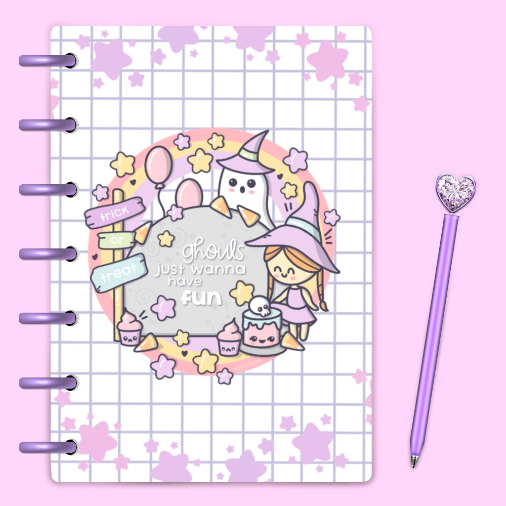 Pastel kawaii halloween witch on laminated planner cover with ghosts and cakes and sweets