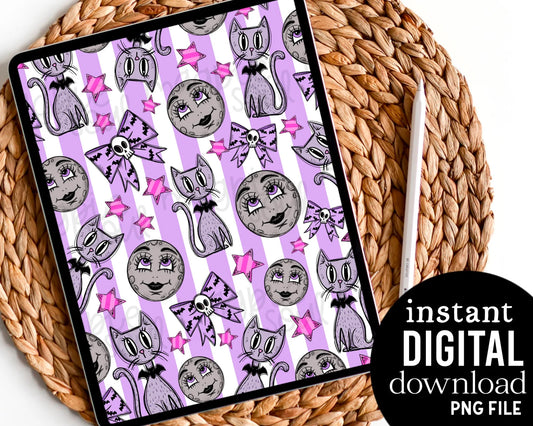 Pastel Halloween Moon Kitty - Digital Pattern Paper