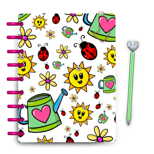 Ladybug Kawaii style drawing with cute spring ephemera like watering cans and suns laminated planner cover