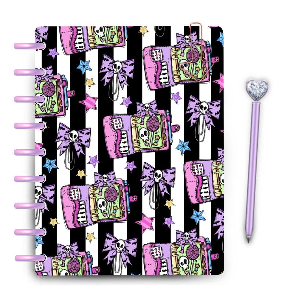 Striped Pastel Halloween Skull Bow Dashboard Laminated Planner Cover