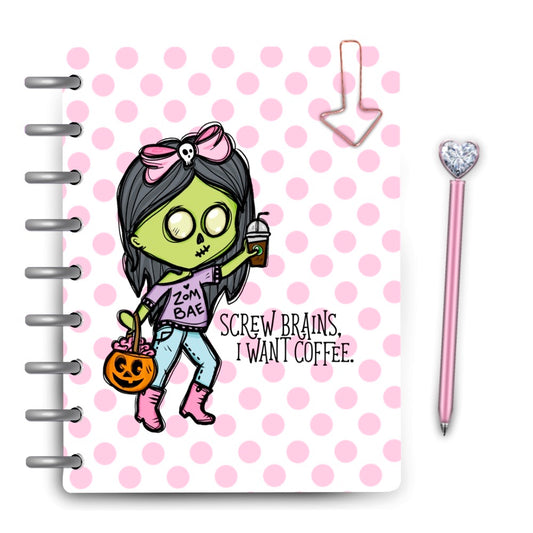 MagpieSoul's cute original Zombae planner cover with coffee zombie and pink dots laminated discbound planner cover
