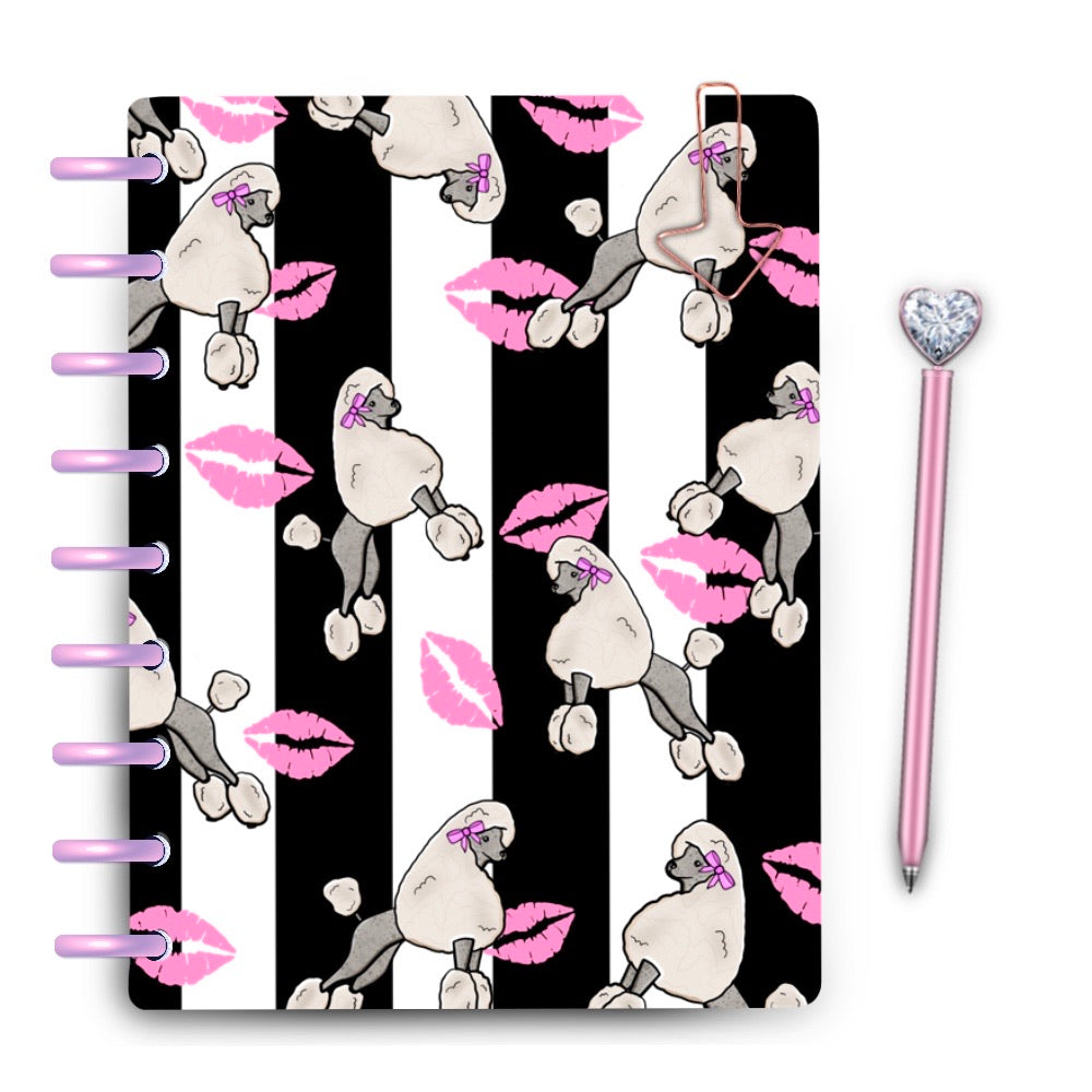 Poodles and pink kisses with black stripes on a laminated planner cover by magpiesoul