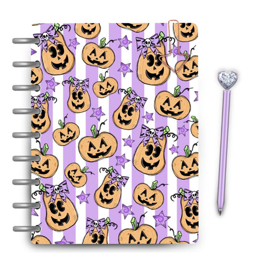 Cute halloween pumpkin smiley faces with purple striped background laminated planner cover by magpiesoul 
