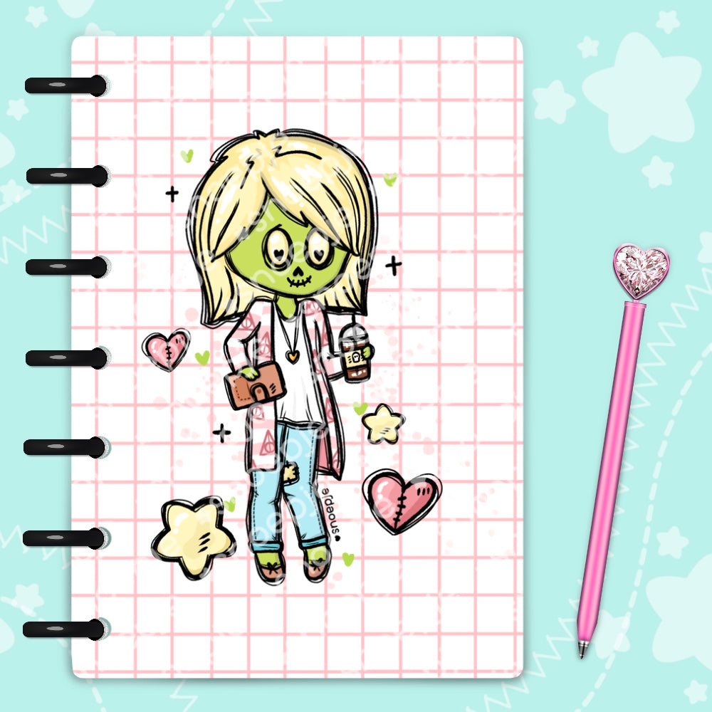 Coffee Zombae with short blonde bob haircut laminated discbound planner cover by magpiesoul