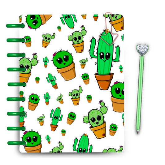 Kawaii cactus buddies all scattered on a white background laminated discbound planner cover